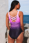 Purple Gradient Criss Cross Back One Piece Swimsuit-Swimwear-MomFashion