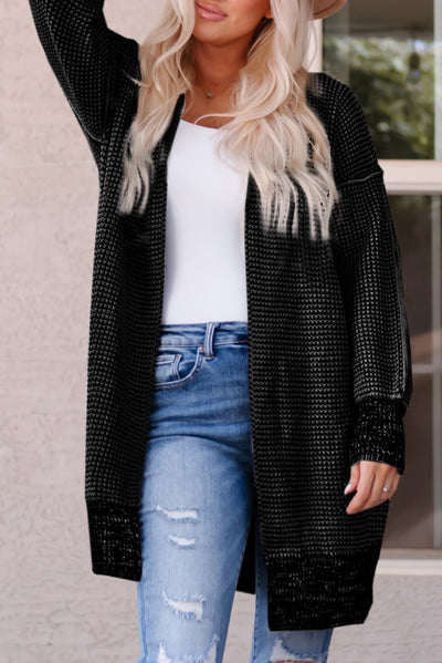 Black Plaid Knitted Long Open Front Cardigan-Tops-MomFashion