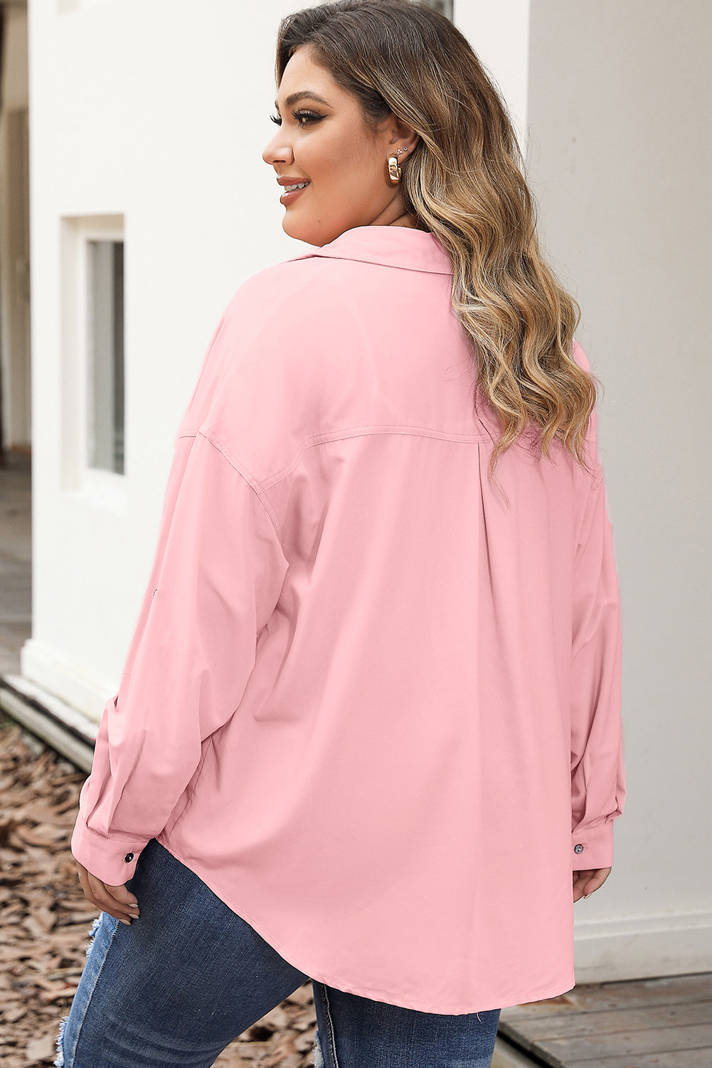 Pink Flap Pocket Tab Sleeve Button-Down Plus Size Shirt-Plus Size-MomFashion