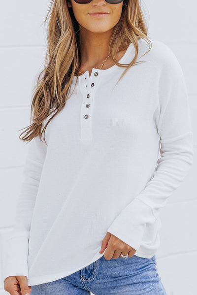 White Waffle Knit Henley Top-Tops-MomFashion