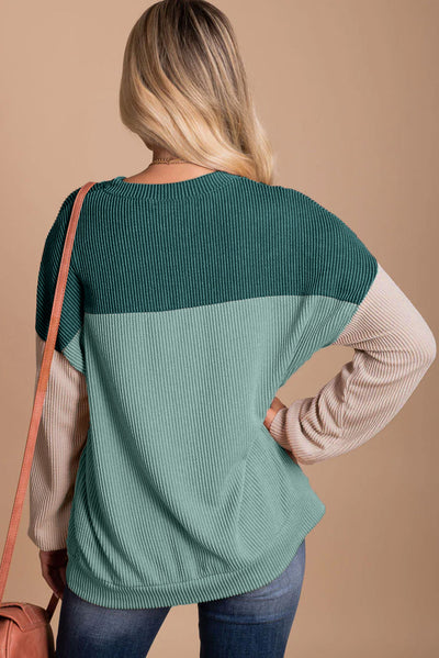 Green Color Block Long Sleeve Ribbed Loose Top-Tops-MomFashion