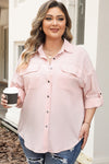 Pink Flap Pocket Tab Sleeve Button-Down Plus Size Shirt-Plus Size-MomFashion