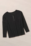 Black Waffle Knit Henley Top-Tops-MomFashion