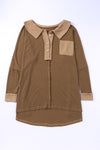 Brown Waffle Knit Buttoned Long Sleeve Top-Tops-MomFashion