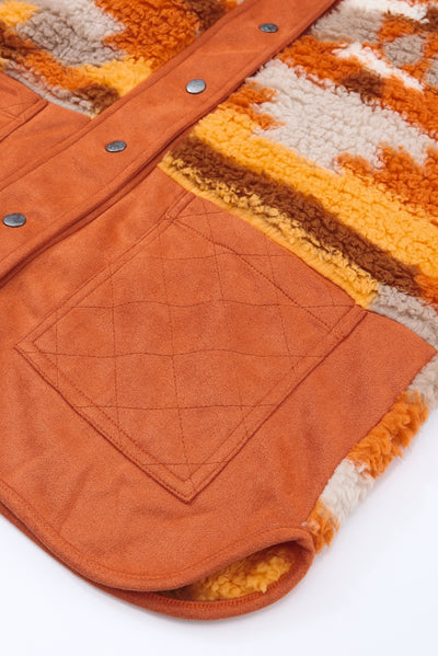 Brown Quilted Patch Pockets Aztec Furry Jacket-Outerwear-MomFashion