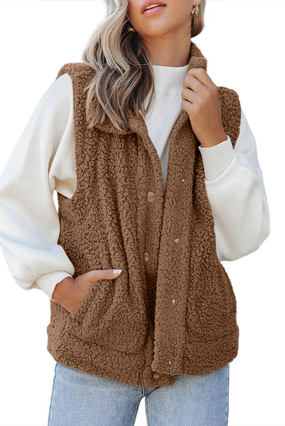 Brown Snap Button Pocketed Sherpa Vest Jacket-Outerwear-MomFashion