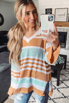 Multicolor Colorblock Stripe Long Sleeve Split Sweater-Tops-MomFashion