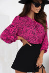 Rose Leopard Print Pleated Blouse with Keyhole-Tops-MomFashion