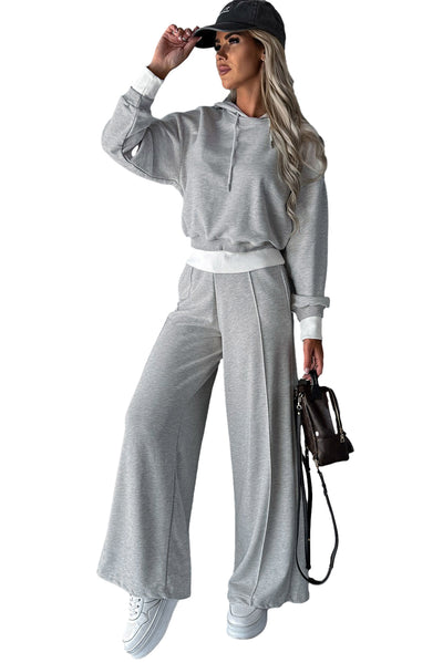 Beige Drawstring Hoodie Splicing Wide-Leg Pants Two Piece Set-Loungewear-MomFashion