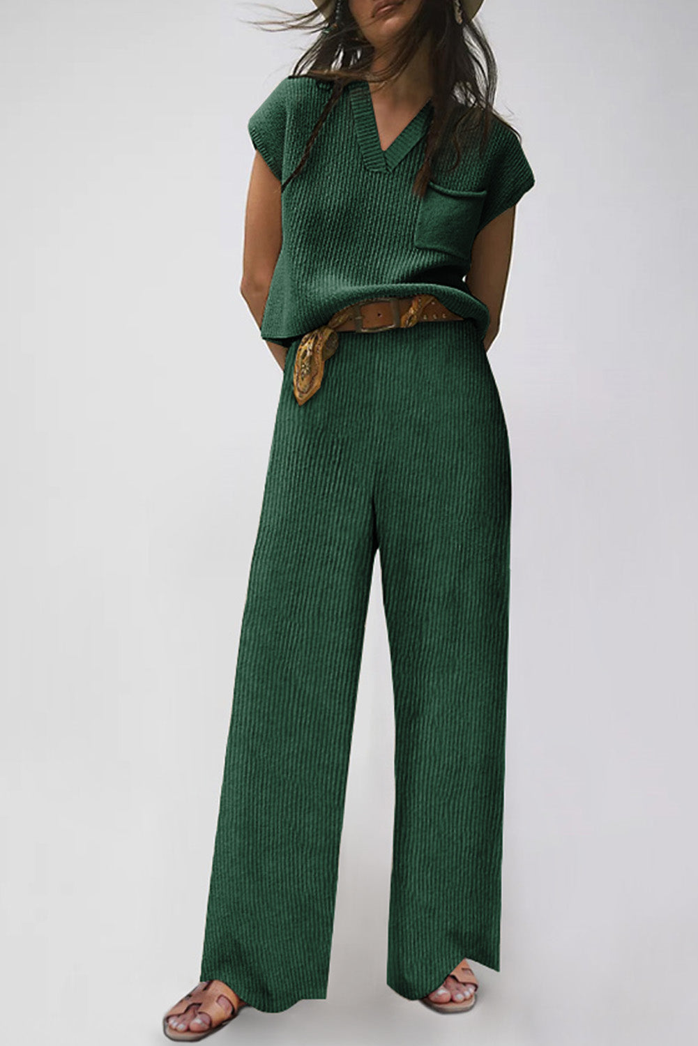 Green Knitted V Neck Sweater and Casual Pants Set-Loungewear-MomFashion