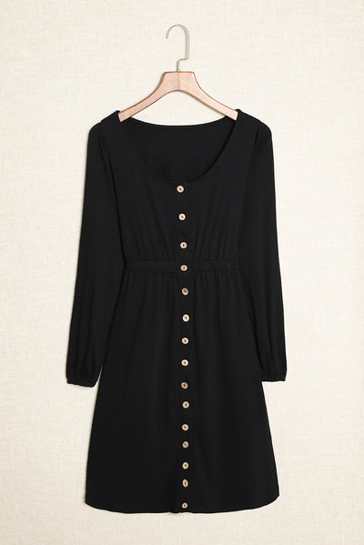 Black Button Up High Waist Long Sleeve Dress-Dresses-MomFashion