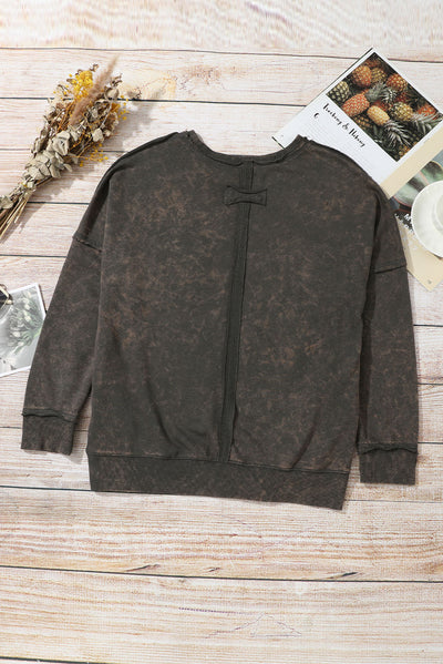 Gray Acid Wash Drop Shoulder Long Sleeve Sweatshirt with Pockets-Tops-MomFashion