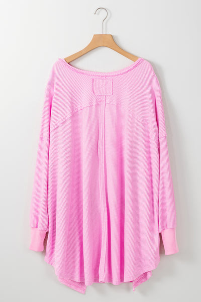 Bonbon Waffle Knit Exposed Seam High Low Top-Tops-MomFashion