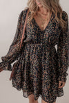 Black Floral Print V Neck Ruffled Puff Sleeve Mini Dress-Dresses-MomFashion