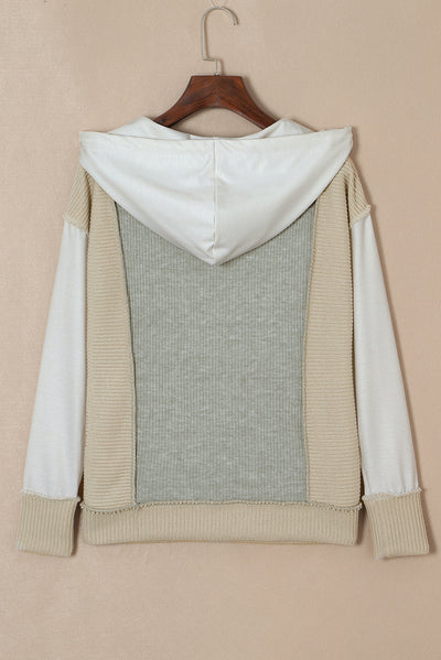 Gray Long Sleeve Textured Knit Patchwork Hoodie-Tops-MomFashion