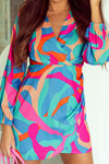 Multicolor Abstract Print Wrap V Neck Puff Sleeve Dress-Dresses-MomFashion