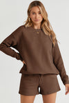 Brown Textured Long Sleeve Top and Drawstring Shorts Set-Loungewear-MomFashion