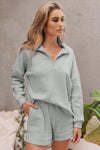 Gray Ribbed Zipper Sweatshirt and High Waist Shorts Set-Loungewear-MomFashion