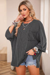 Dark Gray Ribbed Roll-tab Sleeve Chest Pocket Oversize Top-Tops-MomFashion