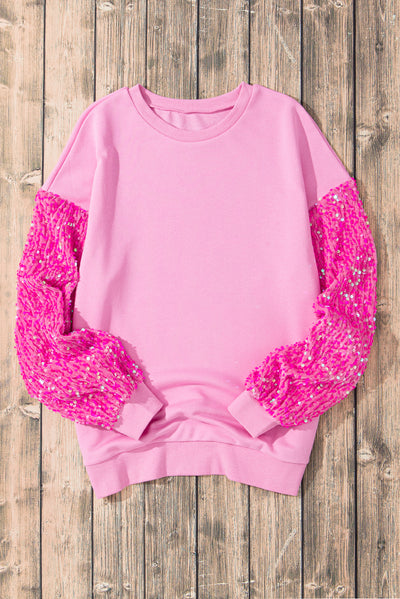 Pink Sequin Patchwork Long Sleeve Pullover Top-Tops-MomFashion