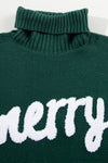 Blackish Green Merry Letter Embroidered High Neck Sweater-Tops-MomFashion