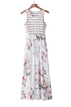 White Striped Floral Print Sleeveless Maxi Dress with Pocket-Dresses-MomFashion