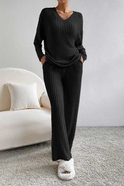 Black Ribbed Knit V Neck Slouchy Two-piece Outfit-Loungewear-MomFashion