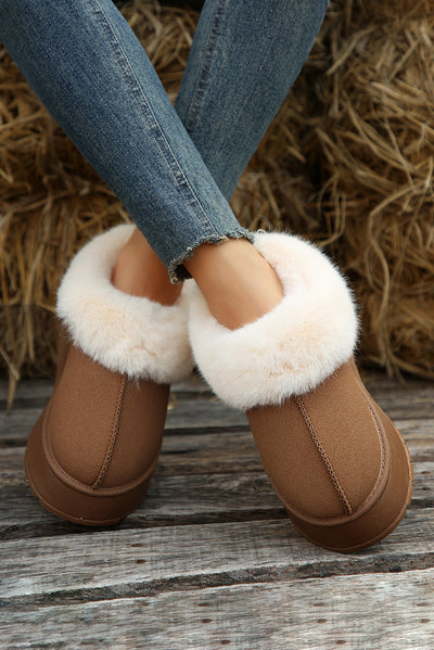 Chestnut Plush Suede Trim Thick Sole Flat Snow Boots-Shoes & Bags-MomFashion