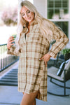 Khaki Western Plaid Button Up Loose Shirt Dress-Dresses-MomFashion