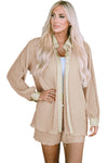 Apricot Pleated Long Sleeve Shirt and Shorts Lounge Set-Loungewear-MomFashion