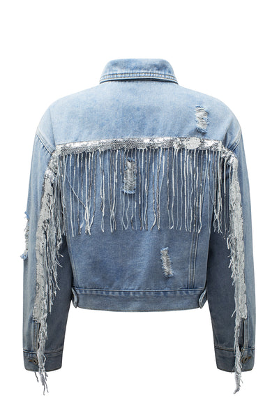 Sky Blue Sequin Embellished Fringe Distressed Denim Jacket-Outerwear-MomFashion