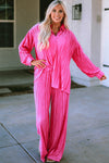 Rose Pleated Long Sleeve Shirt and Wide-Leg Pants Set-Loungewear-MomFashion