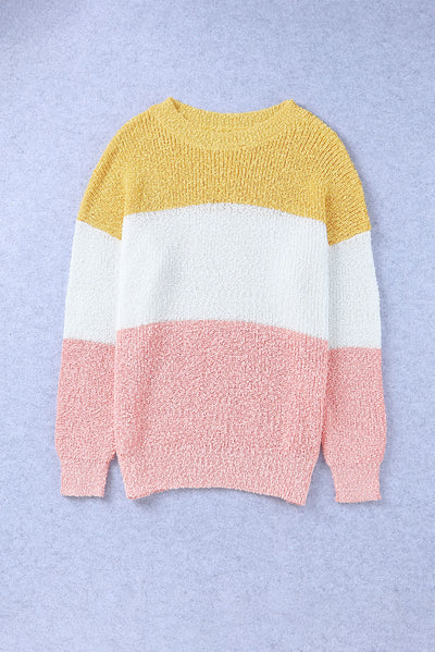 Yellow Colorblock Bubble Sleeve Plus Size Sweater-Plus Size-MomFashion