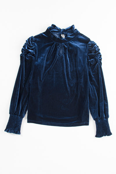 Navy Blue Mock Neck Puff Sleeve Velvet Blouse-Tops-MomFashion