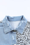 Blue Plus Size Leopard Ripped Cropped Denim Jacket-Plus Size-MomFashion