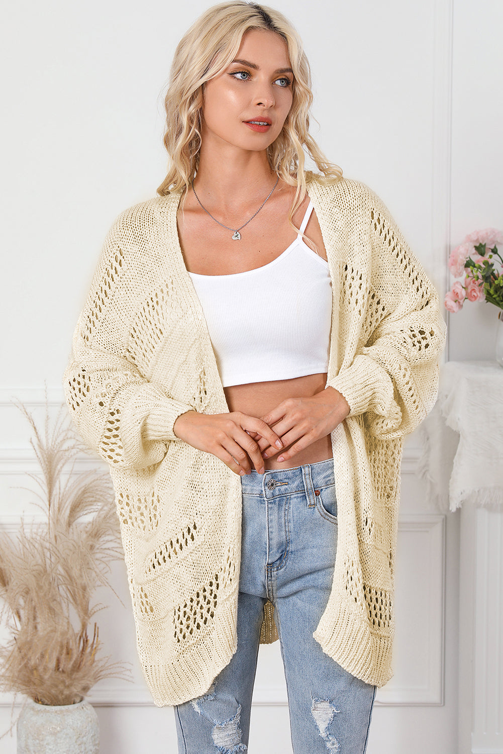 Apricot Casual Hollowed Knit Dolman Sleeve Cardigan-Tops-MomFashion