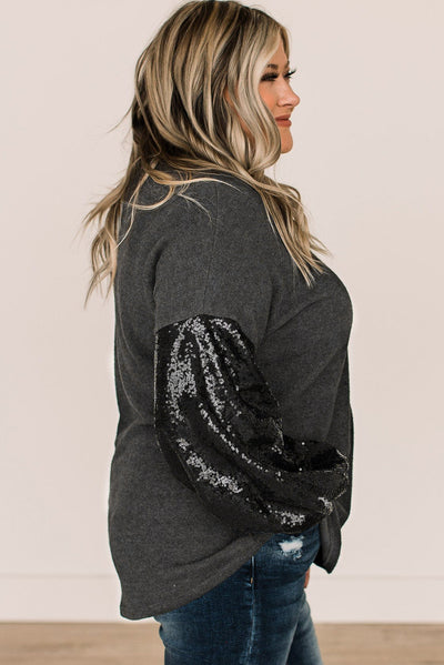 Black Plus Size Sequin Bubble Sleeve V Neck Knit Top-Plus Size-MomFashion