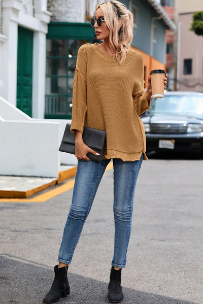 Brown Slouchy Textured Knit Loose Sweater-Tops-MomFashion