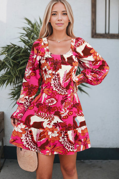 Rose Floral Print Smocked Square Neck Bubble Sleeve Dress-Dresses-MomFashion