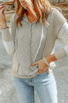 Gray Long Sleeve Textured Knit Patchwork Hoodie-Tops-MomFashion