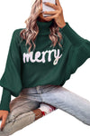 Blackish Green Merry Letter Embroidered High Neck Sweater-Tops-MomFashion