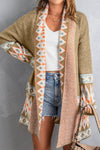 Khaki Aztec Print Open Front Knitted Cardigan-Tops-MomFashion