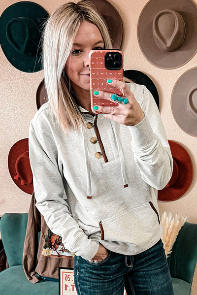 Beige Drawstring Kangaroo Pocket Henley Hoodie-Tops-MomFashion