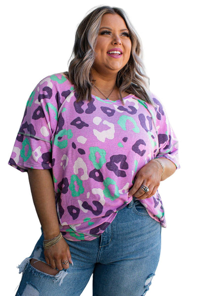 Purple Leopard Kiss Print Plus Size Short Sleeve Tee-Plus Size-MomFashion