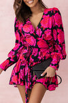 Rose Floral Print V Neck Wrap Bishop Sleeve Ruffle Tiered Mini Dress-Dresses-MomFashion