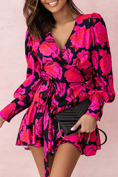 Rose Floral Print V Neck Wrap Bishop Sleeve Ruffle Tiered Mini Dress-Dresses-MomFashion