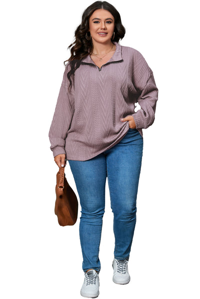 Plus Size Textured Knit Zip Neck Pullover-Plus Size-MomFashion