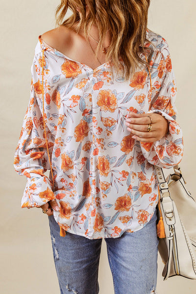 Orange Split V Neck Floral Print Dolman Blouse-Tops-MomFashion