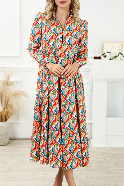 Multicolor Abstract Geometric Print Long Sleeve High Waist Dress-Dresses-MomFashion