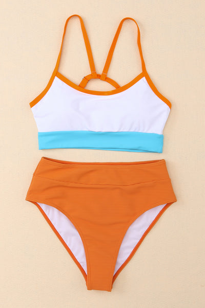 Orange Color Block Spaghetti Strap High Waist Bikini Swimsuit-Swimwear-MomFashion